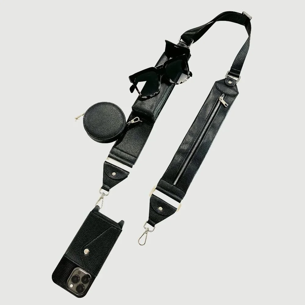 Black Crossbody Phone Case Strap with Coin Pouch and Sunglass Holder